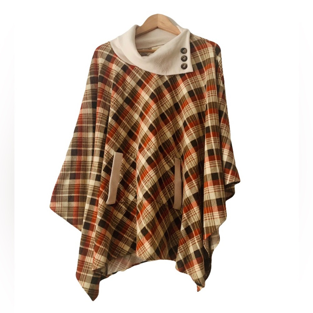 ModCloth Cowl Neck Plaid Poncho Women Size M Brown Cream Boho Festival Indie